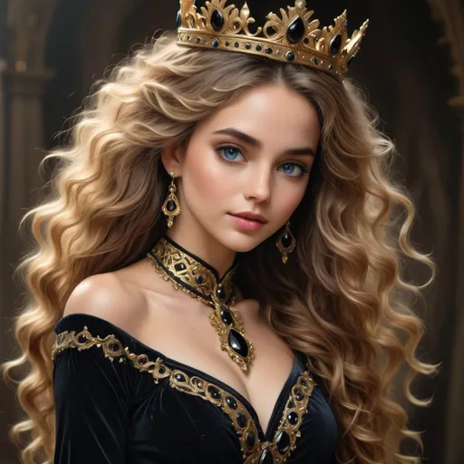 Prompt: Radiating an air of regal elegance, the enchanting figure stands poised, adorned with a lavish golden crown featuring intricate black gemstones that catch the light. Her long, cascading curls frame her delicate face, enhancing her striking features and expressive blue eyes, while the soft shimmer of her complexion suggests a touch of ethereal beauty. Clad in a sophisticated black gown that intricately weaves gold accents and embellishments, she exudes a powerful yet graceful presence. The rich backdrop is subtly decorated, creating a dramatic contrast that emphasizes her noble attire, evoking an atmosphere of fantasy and elegance, as if she is the protagonist of a grand fairy tale. The overall composition harmonizes opulence and a sense of calm, inviting viewers to delve into the story behind her majestic appearance.
