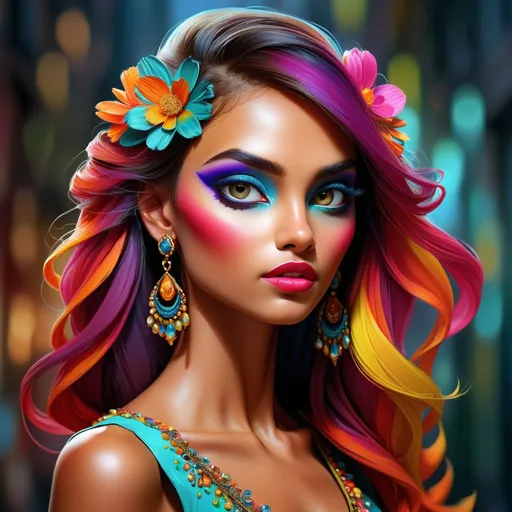 Prompt: <mymodel>digital painting, dramatic colourful makeup, high fashion, intense gaze, realistic portrayal, vibrant colors, detailed features, highres, professional, dramatic, realistic, digital painting, intense gaze, vibrant colors, detailed features, high fashion, glamorous lighting