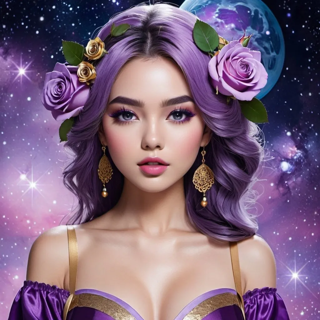 Prompt: <mymodel>Cosmic Epic Beauty, Beautiful and Gorgeous, purple roses in hair