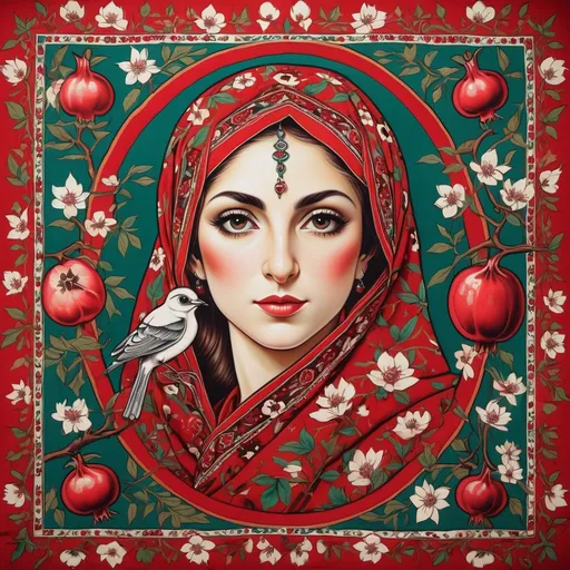 Prompt: A colorful design in the dimensions of 140centimeteres by 140 centimeters. It's main theme is red and white. There are pomegranates and cherry blossoms. with some green leaves and branches. It has some birds. Traditional Iranian style