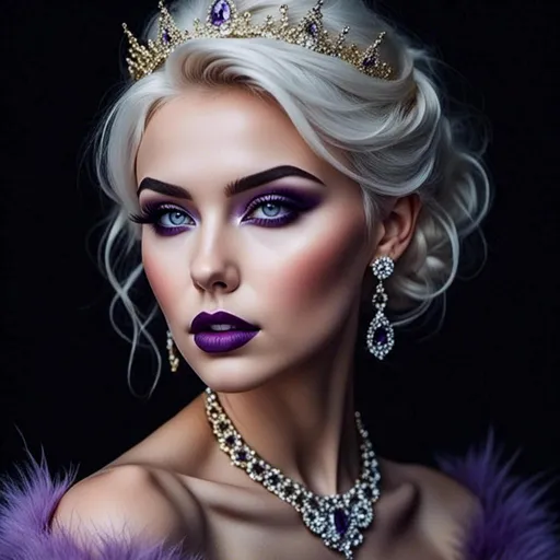 Prompt: <mymodel>Hypnotic bimbo  platinum  blonde   gold lips and purple eyeshadow 