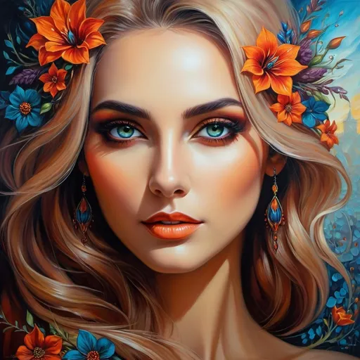 Prompt: Beautiful  hybrid woman with flowers sprouting from her, oil painting, detailed fiery eyes, ethereal glow, dark and mysterious, high quality, vibrant colors, surreal, haunting, intricate floral details, intense gaze, mystical atmosphere, oil painting, demon, hybrid, fiery eyes, ethereal, vibrant colors, surreal, haunting, floral details, intense gaze, mystical atmosphere