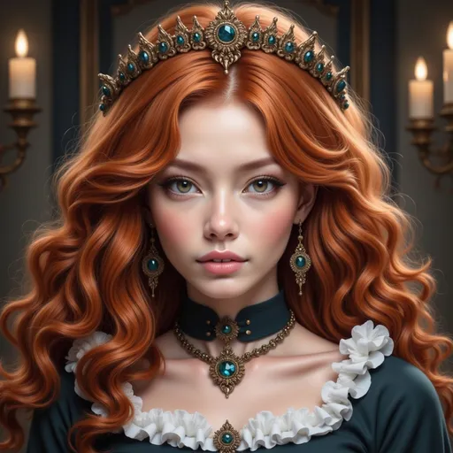 Prompt: a painting of a woman with red hair wearing a tiara and a necklace with a diamond on it, Charlie Bowater, gothic art, highly detailed digital painting, a detailed painting