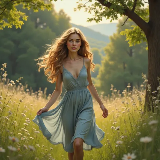 Prompt: A young woman with flowing, wavy hair walks gracefully through a sunlit meadow, her light blue dress billowing gently around her. The lush landscape is vibrant with wildflowers and greenery, evoking a sense of tranquility and freedom, illuminated by soft, warm sunlight filtering through the trees. Framed by rolling hills in the background, the scene captures a perfect moment of serenity and a connection to nature. The ethereal light enhances the image, creating an idyllic, dreamlike atmosphere, as if inviting onlookers into a peaceful escape. Her expression is calm and introspective, embodying the spirit of youth and beauty in harmony with the natural world.