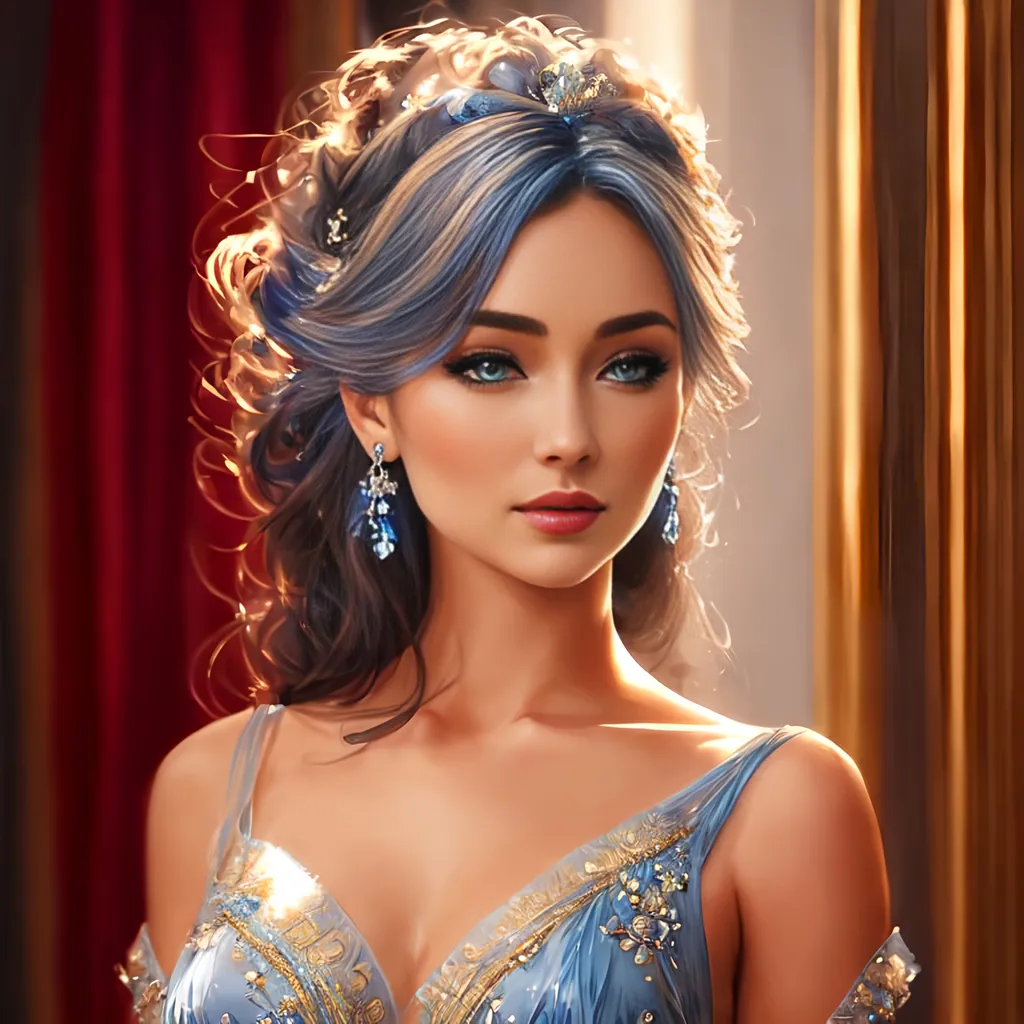 Prompt: Realistic portrayal of blue beauty, photorealistic, serene water reflection, detailed facial features, flowing blue gown, high resolution, vivid realism, professional, peaceful ambiance, calming lighting, elegant hair, graceful pose, tranquil atmosphere, photorealism, detailed eyes, flowing fabric, serene, calming tones, natural lighting