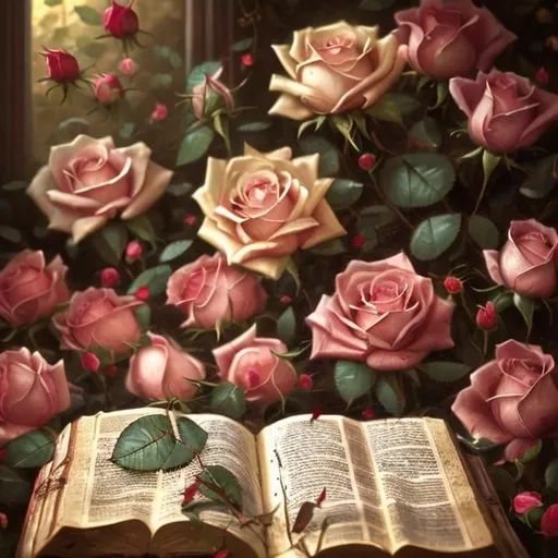 Prompt: Bible surrounded by roses, oil painting, detailed rose petals, warm lighting, high quality, realistic, traditional art, rich colors, intricate details, religious symbolism, peaceful atmosphere, vintage style, warm tones, soft shadows, realistic texture, serene mood
