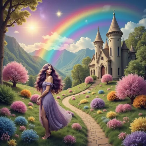 Prompt: a woman with long  purple hair and rainbow colors in the background, with a rainbow - colored sky and stars, Anne Stokes, fantasy art, highly detailed digital art, a fine art painting