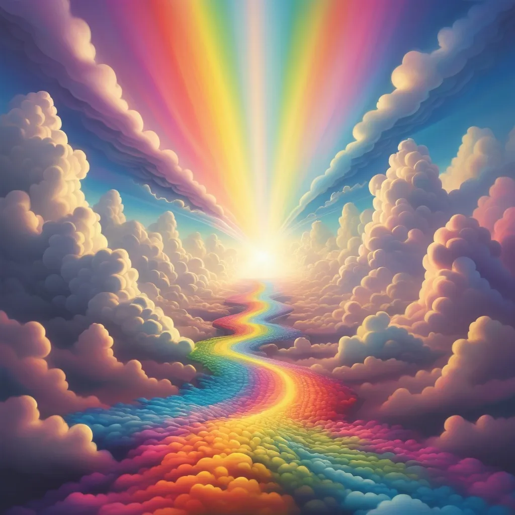 Prompt: a rainbow colored sky with clouds and a bright light coming from the center with a path to the light of the image, Chris LaBrooy, psychedelic art, colorful clouds, an airbrush painting