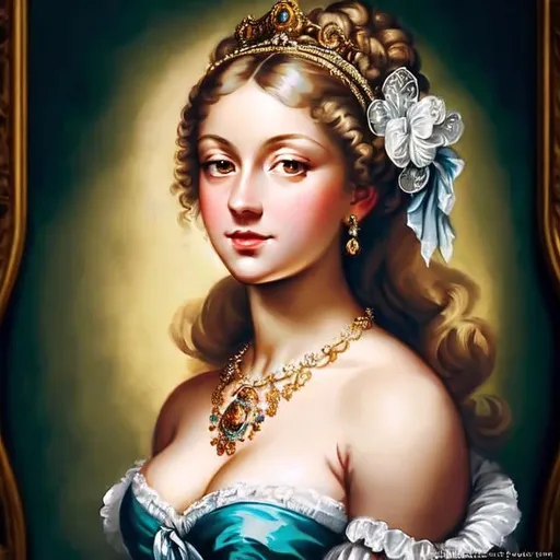 Prompt: Rococo era portrait of a woman, oil painting, luxurious clothing, elaborate hairstyle, ornate jewelry, soft pastel colors, soft and diffused lighting, high quality, detailed brushwork, elegant and refined, opulent setting, intricate lace details, classic beauty, historical art, Rococo style, delicate features, aristocratic charm