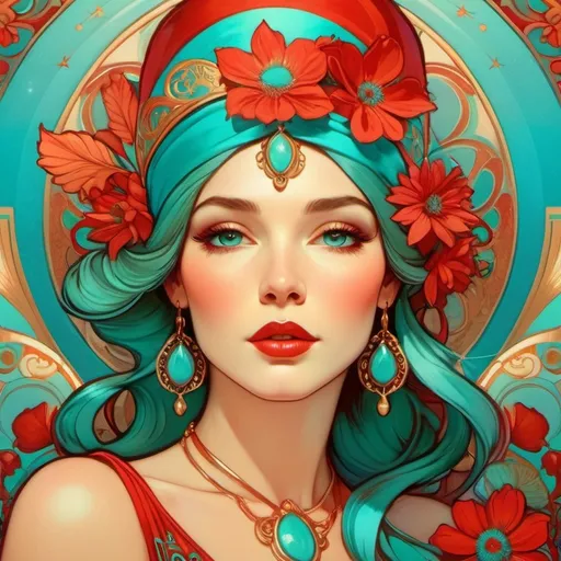 Prompt: Cartoon illustration of a beautiful ethereal woman, close-up facial features, turquoise and red color scheme, wearing turquoise and gold jewelry, adorned with a red hat and red flowers, detailed facial features, vibrant cartoon style, ethereal beauty, detailed eyes and lips, red floral headpiece, vibrant colors, cartoon, detailed jewelry, high quality, ethereal atmosphere, vibrant turquoise and red tones, stunning lighting