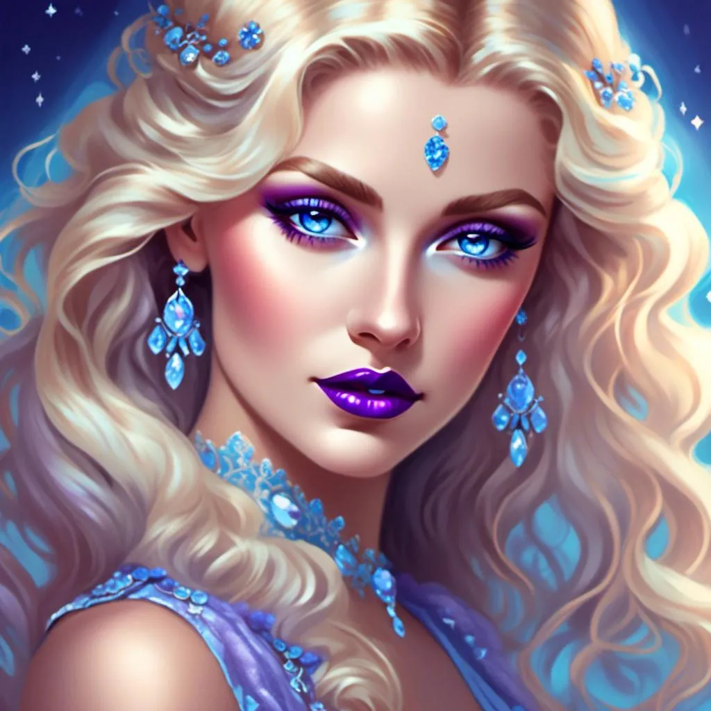 Prompt: <mymodel>Beautiful ethereal woman, long blonde hair,and icy blue eyes color, purple lipstick, facial closeup