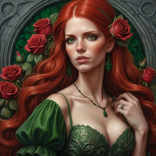 Prompt: a painting of a woman with red hair and green dress with  and a rose in her hair, Anne Stokes, gothic art, highly detailed digital painting, a detailed painting