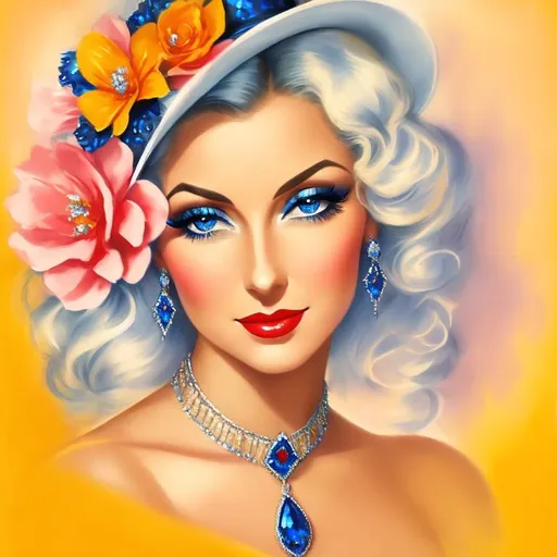 Prompt: Glamorously dressed lady of rhe 1930's wearing sapphire jewelry,blue eyes