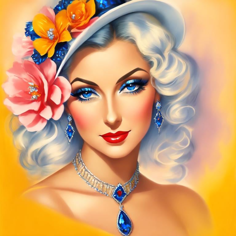 Prompt: Glamorously dressed lady of rhe 1930's wearing sapphire jewelry,blue eyes