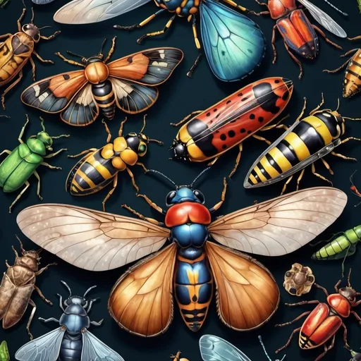 Prompt: Detailed digital illustration of a variety of insects, vibrant and diverse, macro details, hyper-realistic, intricate patterns, high quality, digital painting, vivid colors, natural lighting, intricate insect details, realistic textures, professional, colorful, diverse insect species, nature-inspired, detailed wings, lifelike, macro focus, vibrant and realistic, best quality