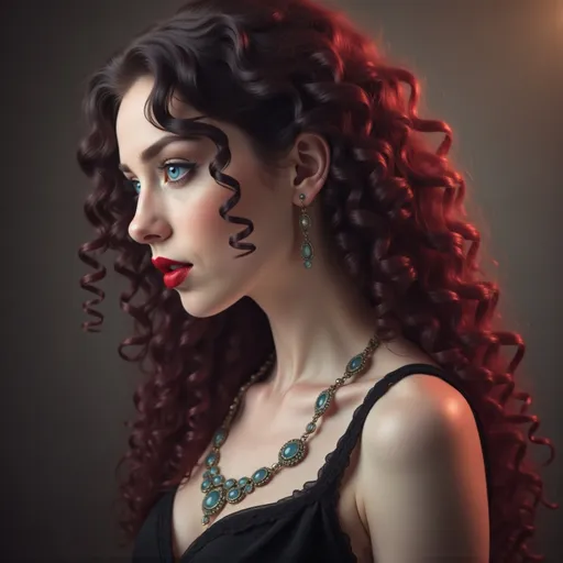 Prompt: a woman with long hair wearing a necklace and earrings with a red lipstick on her lips and a black dress, Carla Wyzgala, gothic art, highly detailed digital painting, a photorealistic painting