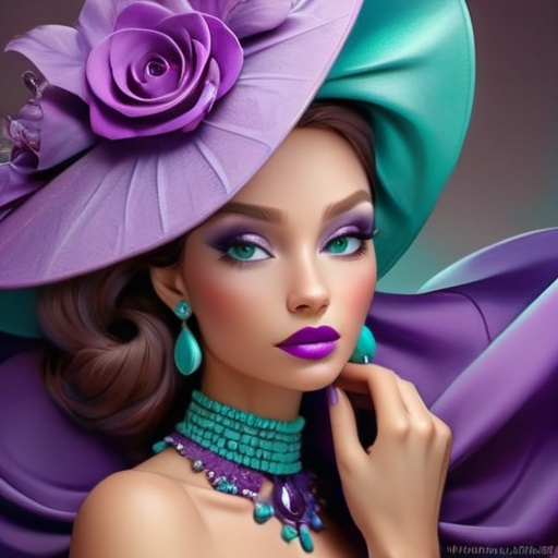 Prompt: Elegant lady in colors of purple and turquoise