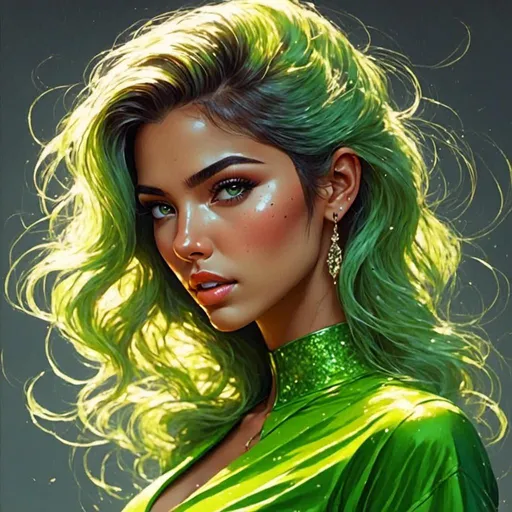 Prompt: <mymodel>Detailed illustration of a asian woman in vibrant green attire, large vivid green eyes, elegant makeup, digital painting, high resolution, realistic style, vibrant green, professional lighting