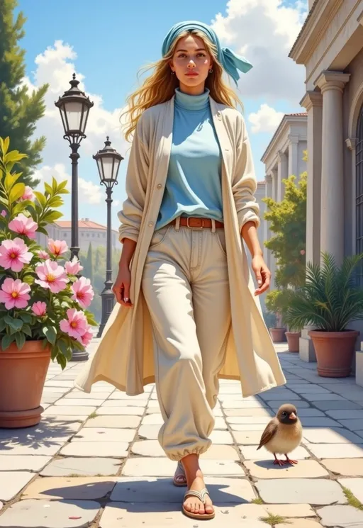 Prompt: This is a highly detailed, digital illustration depicting a young woman walking down a sunlit, stone-paved pathway in a picturesque, classical-style garden. The woman has long, wavy blonde hair adorned with a large, light blue headscarf tied in a bow. She wears a light blue turtleneck sweater, a long, cream-colored, loose-fitting cardigan, and matching cream-colored, wide-legged pants that slightly bunch at the ankles. Her feet are adorned with beige, strappy sandals. Her expression is calm and focused, with a slight smile.
In the background, the pathway is lined with tall, ornate street lamps and large, potted pink flowers on both sides. The sky is bright blue with scattered, fluffy white clouds. A small, fluffy, light brown bird with a tiny beak and expressive eyes follows closely behind her on the right side of the pathway.
The stone pathway is textured with small cracks and worn edges, adding a sense of age and history to the scene. The overall style of the illustration is realistic with a touch of fantasy, characterized by its meticulous attention to detail and soft, warm color palette. The image evokes a sense of peaceful, leisurely walk in a serene, elegant garden.