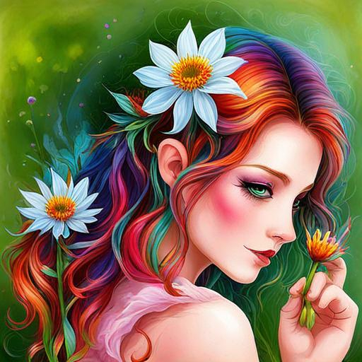 Prompt: a fairy of spring, ,wildflowers, vivid colors,  facial closeup