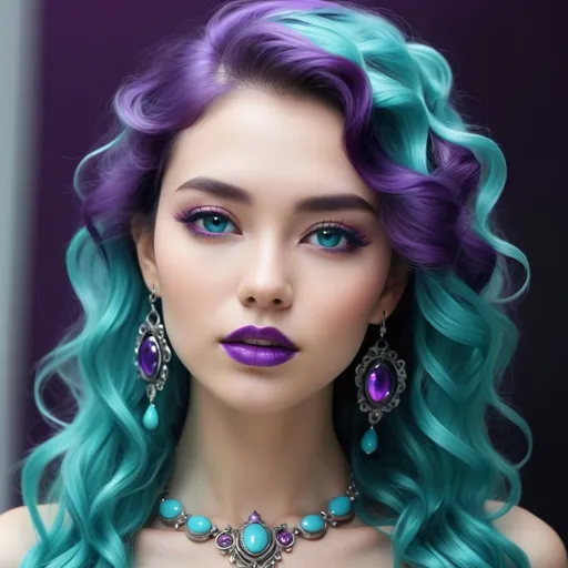 Prompt: <mymodel>An extremely gorgeous woman,  with turquoise jewels, in color scheme of purple, long curly hair