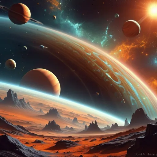 Prompt: a space scene with planets and stars in the background photo by nasa / / / / / / /, David A Hardy, space art, space, a detailed painting