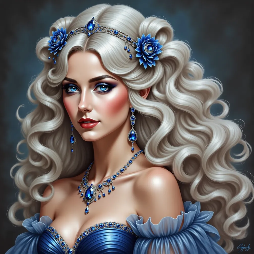 Prompt: a digital painting of a woman with blue hair and sapphire jewelry on her neck .wearing a blue dress, Charlie Bowater, fantasy art, highly detailed digital painting, a detailed painting