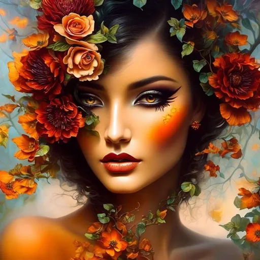 Prompt: Beautiful  hybrid woman with orange flowers sprouting from her, oil painting, detailed fiery eyes, ethereal glow, dark and mysterious, high quality, vibrant colors, surreal, haunting, intricate floral details, intense gaze, mystical atmosphere, oil painting, demon, hybrid, fiery eyes, ethereal, vibrant colors, surreal, haunting, floral details, intense gaze, mystical atmosphere