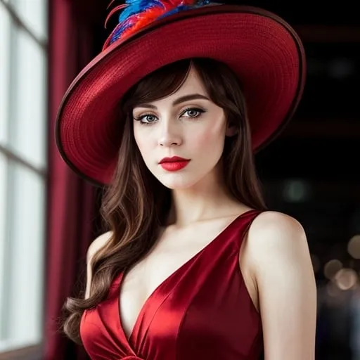 Prompt: <mymodel>fashionable 1st class  female passenger on the Titanic, pale skin, dark styled hair, large lips,  looking sad, facial closeup, vibrant colors, red dress and elaborate hat with feathers
