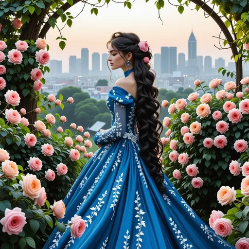 Prompt: Draped in a breathtaking blue gown adorned with intricate floral embroidery, a woman stands gracefully amidst a lush garden of vibrant flowers, her long, cascading curls accented by soft pink and peach roses tucked into her hair. With her profile turned slightly toward the viewer, her striking features and bold makeup create an alluring contrast against the dreamy backdrop. The scene captures a surreal blend of nature and urbanity, showcasing softly blurred silhouettes of tall city buildings looming in the distance, bathed in the warm glow of twilight. The radiant colors of the flowers, ranging from delicate pastels to rich hues, add an enchanting charm that envelops the atmosphere in a romantic and whimsical mood, inviting the viewer into this fairytale-like world.
