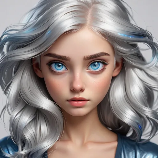 Prompt:  girl with shiny silver hair and blue eyes