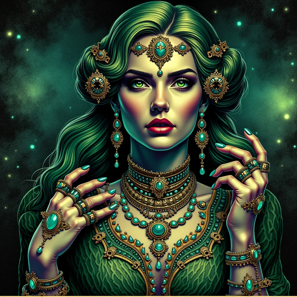 Prompt: a woman with green hair and jewelry on her chest and hands on her chest, wearing a necklace and earrings, Edwin Georgi, fantasy art, highly detailed digital painting, a digital painting