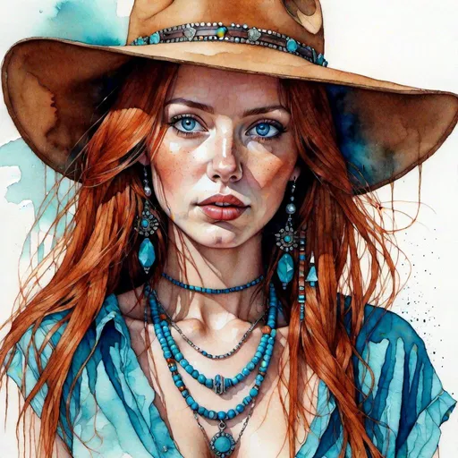 Prompt: <mymodel>watercolor and pen sketch of a beautiful young woman dressed in southwestern style and turquoise jewelry.