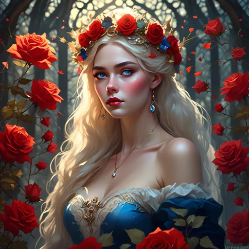 Prompt: Fairy tale, beautiful girl with white skin, (perfect face), light golden hair, blue pupils, red lips, forest style, mysterious, vintage fashion-dresses, with a transparent crystal crown on her head, the woman's body is so white Glows, (high detail) sitting on an oversized red rose, hyperdetail, ultra high definition.<mymodel>