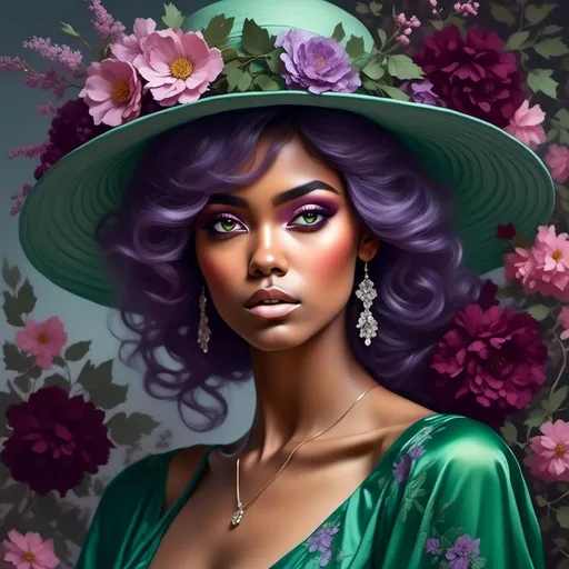 Prompt: <mymodel> a painting of a woman with purple hair and a green hat with flowers on it and a green dress, Edwin Georgi, fantasy art, highly detailed digital painting, a photorealistic painting