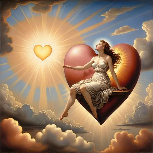 Prompt: a painting of a woman sitting on a heart shaped object in the sky with clouds surrounding her and a sun shining through the heart, Evelyn De Morgan, fantasy art, radiant light, an airbrush painting