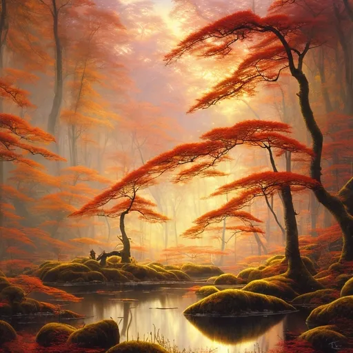 Prompt: Landscape painting, lush linden forest, small river, in autumn, sunlight, dull colors, danger, fantasy art, by Hiro Isono, by Luigi Spano, by John Stephens