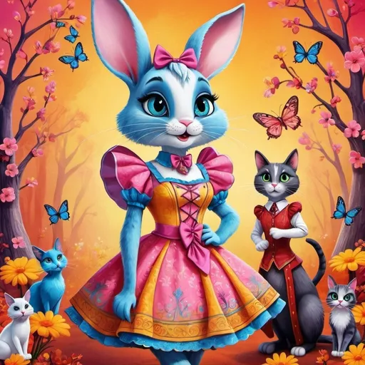 Prompt: <mymodel>Funny illustration of a anthropomorphic rabbit and cat in beautiful dresses , Tim Burton style eyes, bright and colorful, whimsical bright colorful background, comical expressions, high quality, detailed fur, playful, cartoonish, vibrant colors, imaginative lighting