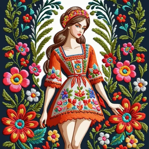 Prompt: Seamless pattern, embroidery design, colorfull threads, flowers and leaves, russian style, high resolution image