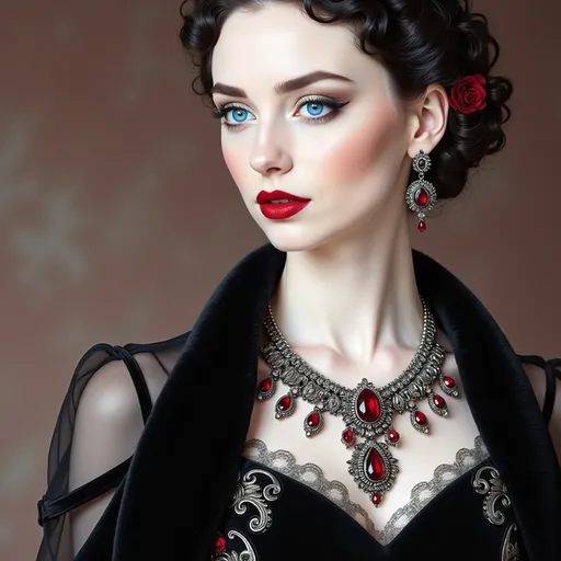 Prompt: a woman with a necklace and earrings on her neck and a red lip and a black dress on her chest, Edwin Georgi, gothic art, highly detailed digital painting, a photorealistic painting