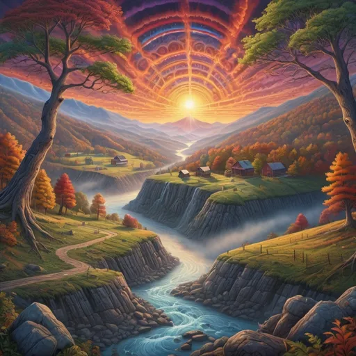 Prompt: (breathtaking landscape of Appalachia), (influenced by Alex Grey and Mr. Cartoon), vibrant colors, surreal details, Appalachian Mountains in the background, (historically accurate elements), vivid and dynamic composition, ethereal atmosphere, .