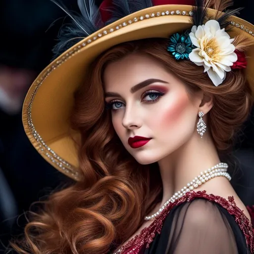 Prompt: <mymodel>fashionable 1st class  female passenger on the Titanic, pale skin, dark styled hair, large lips,  looking sad, facial closeup, vibrant colors, red dress and elaborate hat with feathers