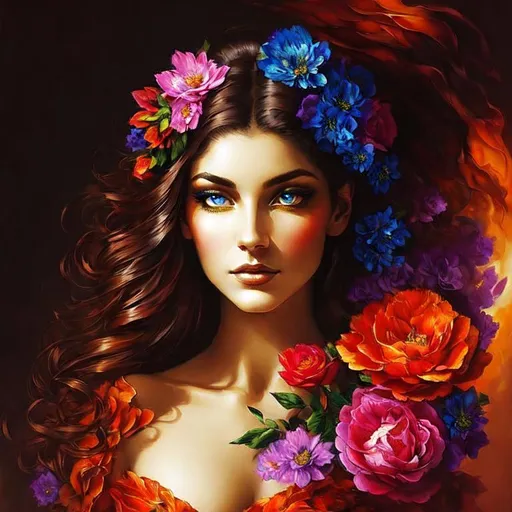 Prompt: Beautiful  hybrid woman with flowers sprouting from her, oil painting, detailed fiery eyes, ethereal glow, dark and mysterious, high quality, vibrant colors, surreal, haunting, intricate floral details, intense gaze, mystical atmosphere, oil painting, demon, hybrid, fiery eyes, ethereal, vibrant colors, surreal, haunting, floral details, intense gaze, mystical atmosphere