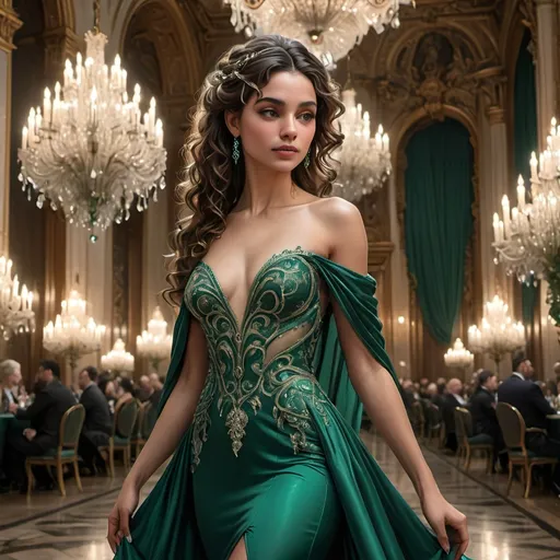 Prompt: In an opulent, grand hall illuminated by shimmering chandeliers, a striking figure in a flowing emerald gown captures attention with elegance and grace. The gown is adorned with intricate patterns, accentuating her poised stance as she gazes over her shoulder with a confident expression. Flowing dark curls cascade down her shoulders, framed by a delicate hair accessory that complements her regal appearance. The backdrop features majestic arched windows showcasing a twilight sky, adding a touch of magic to the scene while rich golden hues and lavish decor enhance the luxurious atmosphere, creating a narrative of timeless beauty and sophistication.