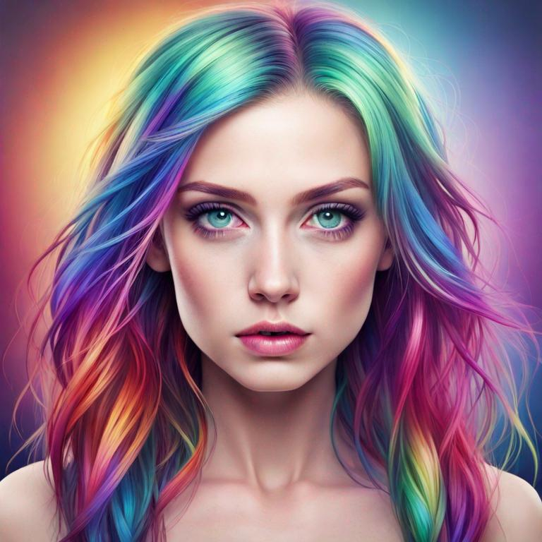 Prompt: Girl with rainbow colored hair, bright eyes, facial closeup