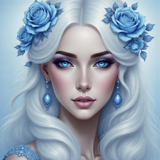 Prompt: a woman with white hair and blue eyes wearing a blue dress and flowers in her hair, Anne Stokes, fantasy art, highly detailed digital painting, a detailed painting