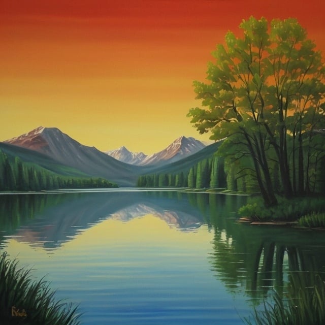 Prompt: A painting of a lake in the style of Bob Ross