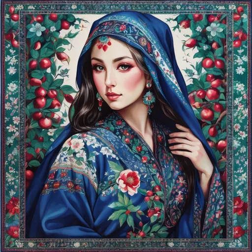 Prompt: A colorful design in the dimensions of 140x140 centimeters, its main theme is white and red, there are pomegranates and cherry blossoms in it, and some green leaves and branches and traditional Iranian designs are used, and there are small birds in it.