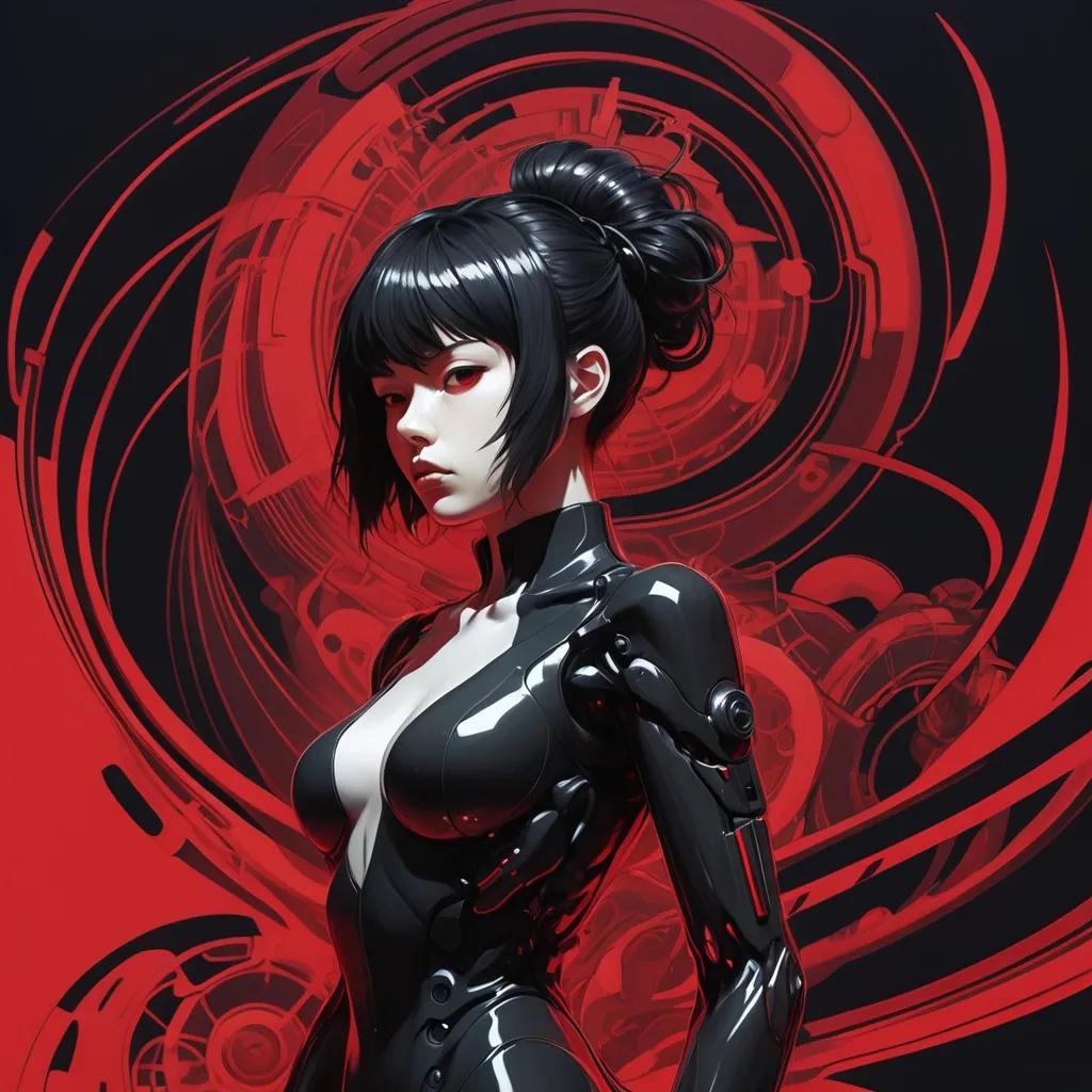 Prompt: a woman in a black dress with a red background and a red background with a red background and a black background with a red background and white woman, Ayami Kojima, generative art, ghost in the shell, cyberpunk art