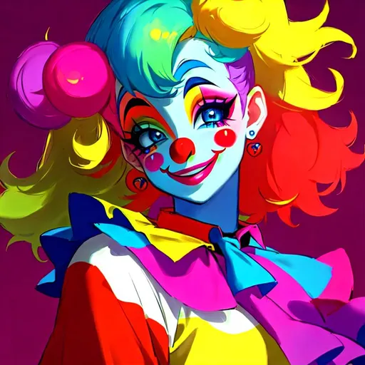 Prompt: Primary color clown, cute makeup, high quality, cartoon, bright colors, detailed features, playful expression, professional lighting